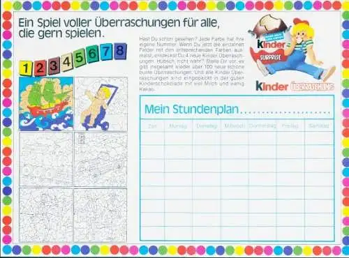 Stundenplan Reklame, Kinder Überraschung, Malen nach Zahlen, Spielzeug, Schokolade