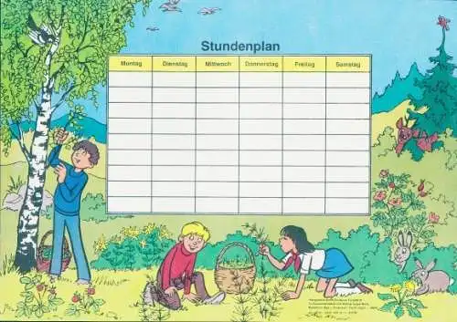 Stundenplan Reklame, Kinder sammeln Kräuter, Blüten, Blätter