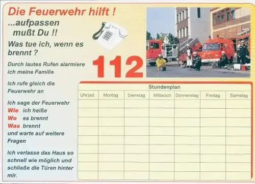 Stundenplan Reklame, Feuerwehr, 112, Was tue ich, wenn es brennt, Rauchwarnmelder