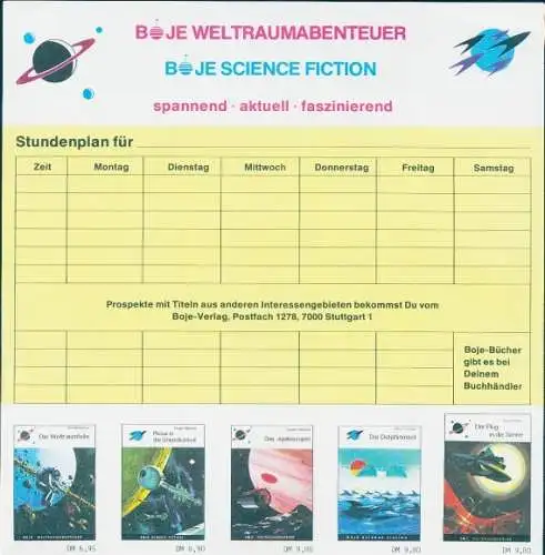 Stundenplan Reklame, Boje Verlag, Weltraumabenteuer, Science Fiction, Bücher