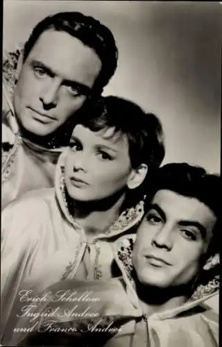 Ak Schauspieler Erich Schellow, Franco Andrei, Schauspielerin Ingrid Andree, Film Drei vom Variete