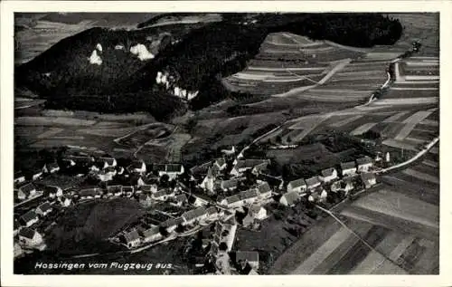 Ak Hossingen Meßstetten im Zollernalbkreis, Fliegeraufnahme, Gasthof Brauerei Zum Lamm