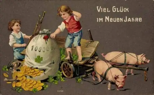 Präge Ak Glückwunsch Neujahr, Kleeblatt, Geldsack, Kinder, Schweine