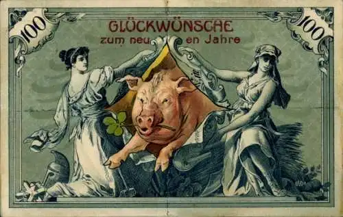 Litho Glückwunsch zum Geburtstag, Schwein springt durch einen Geldschein