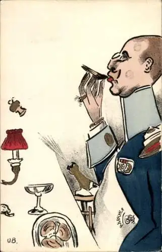 Handgemalt Ak Soldat, Karikatur, Festessen, I WK
