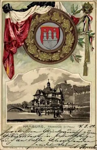 Präge Wappen Passepartout Litho Hamburg Mitte St. Pauli, Fährhaus