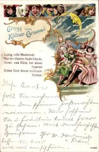 Gedicht Litho Köln am Rhein, Karneval, Ringsum wilder Faschingstrubel, Kostüme, Pierrot