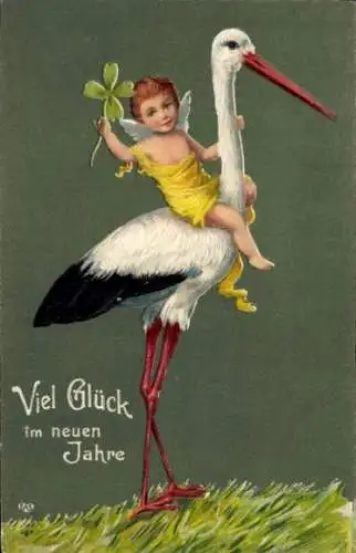 Präge Ak Glückwunsch Neujahr, Engel, Storch, Glücksklee