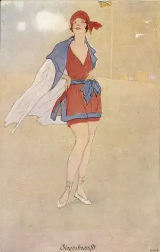 Künstler Ak Siegesbewußt, Frau in Badekleidung