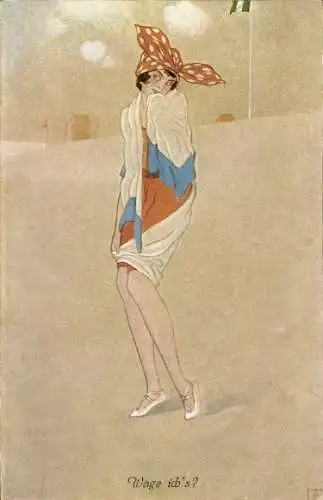 Künstler Ak Wage ich's?, Frau in Badekleidung