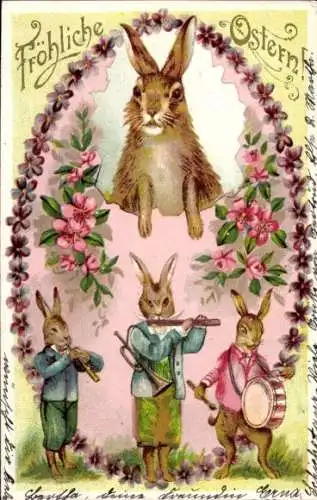 Präge Litho Glückwunsch Ostern, Musizierende Osterhasen, Blumen, Musikinstrumente