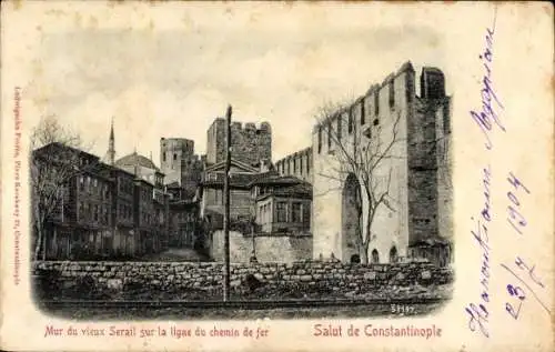 CPA Constantinople Istanbul Turquie, Mur du vieux Serail sur la ligne du chemin de fer