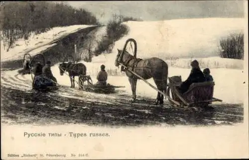 Ak Russische Tracht, Schlittengespann