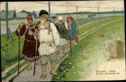 Künstler Ak wandernde russische Fußgänger in Landestracht