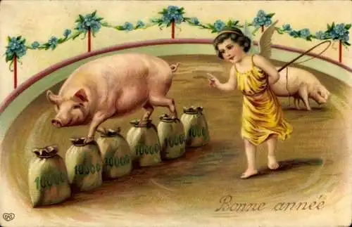 Litho Glückwunsch Neujahr, Engel, Schweine, Geld