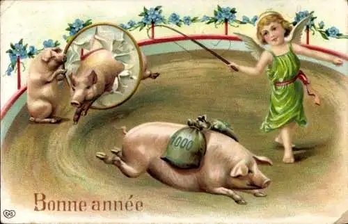 Präge Ak Glückwunsch Neujahr, Engel und Schweine im Zirkus, Dressur, Vergissmeinnicht, Geldsack