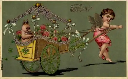 Glitzer Litho Glückwunsch Neujahr, Blumenwagen, Engel, Schwein, Klee