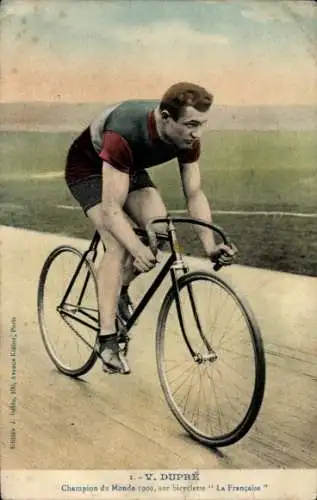 Ak Radrennfahrer V. Dupré, Weltmeister 1909, Fahrrad La Francaise