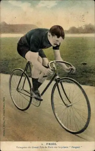 Ak Radrennfahrer Friol, Sieger Grand Prix de Paris, Weltmeister, Fahrrad Peugeot