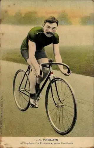 Ak Radrennfahrer G. Poulain, Weltmeister, Fahrrad La Francaise, Reifen Hutchinson