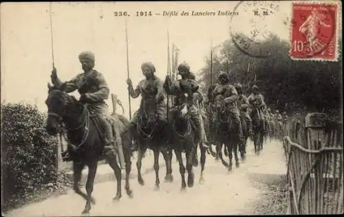 CPA Armee Francaise, Défilé des Lanciers Indiens, 1914