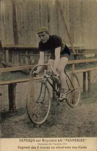 Ak Radrennfahrer Defraye, Meister von Flandern 1910, Fahrrad La Francaise