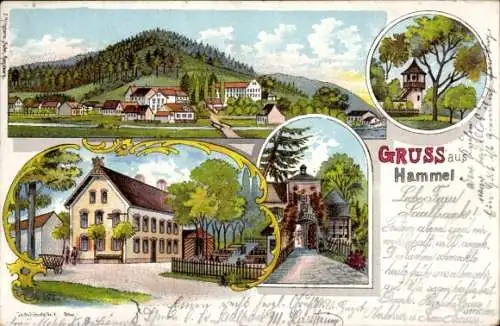 Litho Hammel Neusäß Schwaben, Gasthof, Tor, Totalansicht, Turm