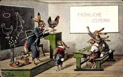 Künstler Ak Thiele, Arthur, Glückwunsch Ostern, Osterhasen in der Schule, Huhn