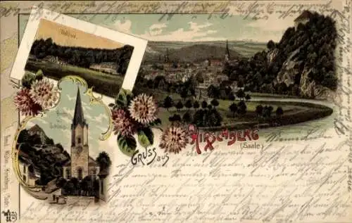 Litho Hirschberg an der Saale, Gesamtansicht, Waldlust, Kirche, Schloss