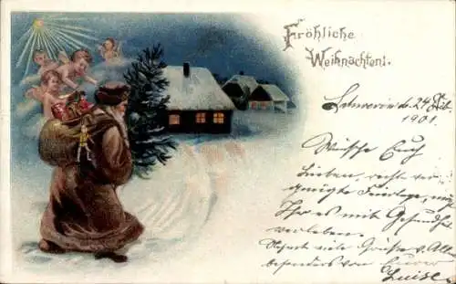 Litho Glückwunsch Weihnachten, Weihnachtsmann, Engel, Tannenbaum