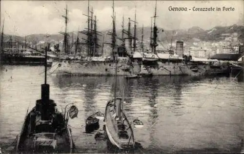 Ak Genova Genua Liguria, Italienische Kriegsschiffe, Hafen