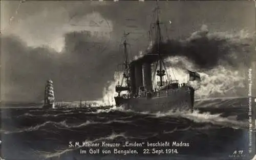 Ak Deutsches Kriegsschiff, SMS Emden, Kleiner Kreuzer, Dresden Klasse, beschießt Madras, 22.09.1914