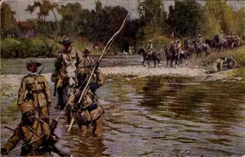 Künstler Ak Grotemeyer, Fritz, Legen des Feldtelegraphen, Deutsche Kolonien, Afrika