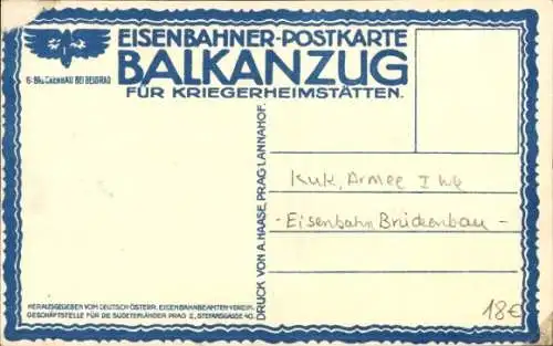 Künstler Ak Brückenbau bei Belgrad, Eisenbahner Postkarte Balkanzug Nr 6