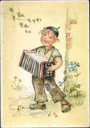 Künstler Ak Junge spielt Harmonika, Straßenkind