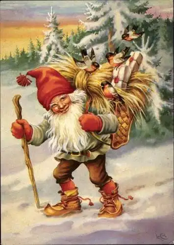 Künstler Litho Weihnachten, Zwerg, Geschenke