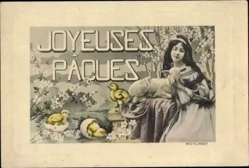 Präge Passepartout Ak Frohe Ostern, Frau, Lamm, Küken