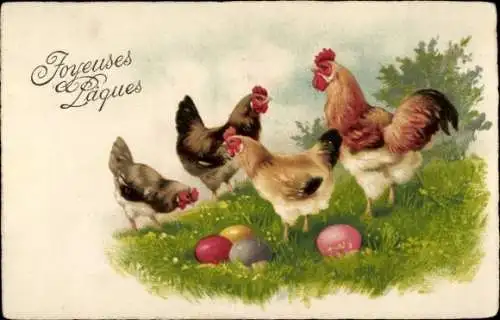 Präge Ak Glückwunsch Ostern, Hühner, Bunte Ostereier