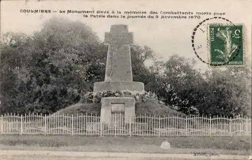 Ak Coulmiers Loiret, Das Denkmal für die Kämpfer, die am 9. November 1870 für ihr Vaterland st...