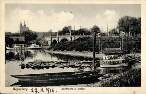 Ak Magdeburg an der Elbe,  Zollbrücke und Hafen