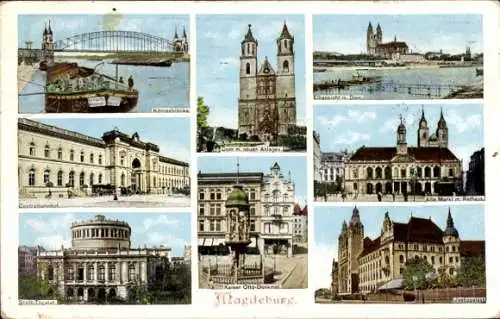 Ak Magdeburg an der Elbe, Zentralbahnhof, Königsbrücke, Dom, Kaiser Otto Denkmal, Markt, Rathaus