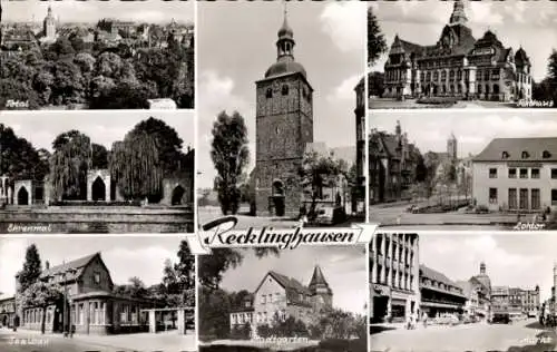 Ak Recklinghausen im Ruhrgebiet, Ehrenmal, Saalbau, Stadtgarten, Markt