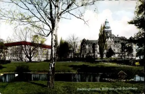 Ak Recklinghausen im Ruhrgebiet, Rathaus, Stadthaus, Teich, Baum