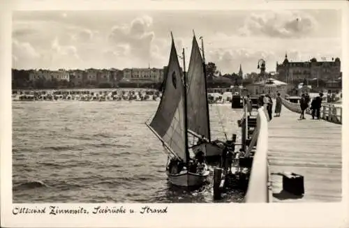 Ak Ostseebad Zinnowitz auf Usedom, Blick auf die Seebrücke und den Strand von Zinnowitz