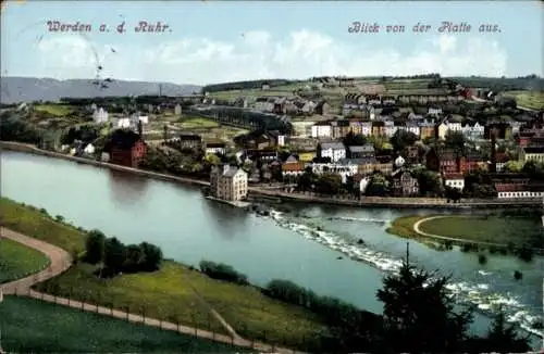 Ak Werden Essen im Ruhrgebiet, Blick von der Platte aus, Fluss Ruhr, bebaute Ufer, Fabriken, W...