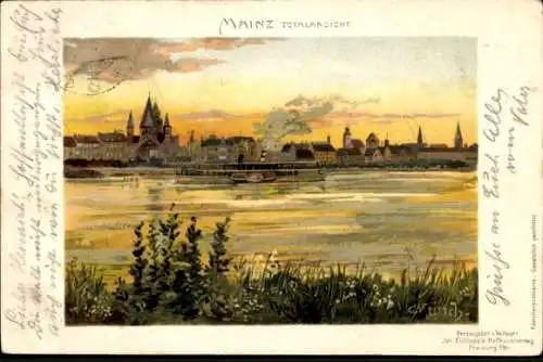 Ak Mainz am Rhein, Mainz Totalansicht, Schiff auf dem Rhein, Uferpromenade mit Büschen, dahint...