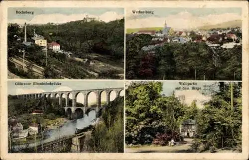 Ak Wechselburg in Sachsen,  Göhrener Eisenbahnbrücke, Waldpartie auf dem Berge
