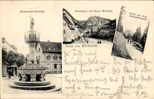 Ak Heiligkreuz Weinheim an der Bergstraße Baden, Rodenstein-Brunnen, Marktplatz mit Ruine Wind...