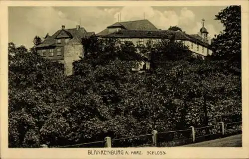 Ak Blankenburg am Harz, Burgruine mit Bäumen davor