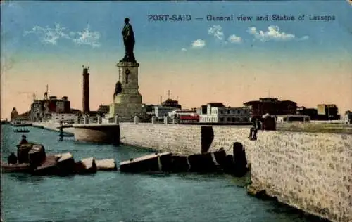 Ak Port Said Ägypten, Gesamtansicht und Statue des Lesseps, Denkmal, Kaimauer